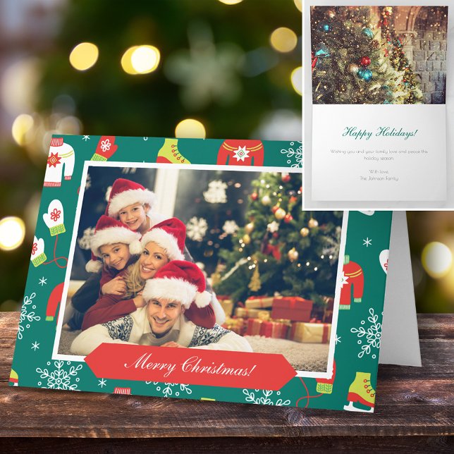 Merry Christmas Pattern Two Family Photo Christmas Card (Creator Uploaded)