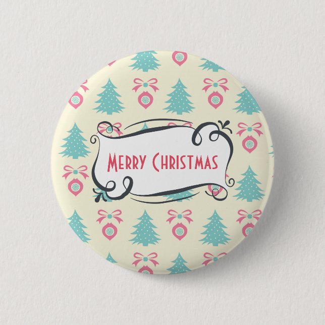 Merry Christmas Pattern with Trees Baubles & Bows 2 Inch Round Button (Front)