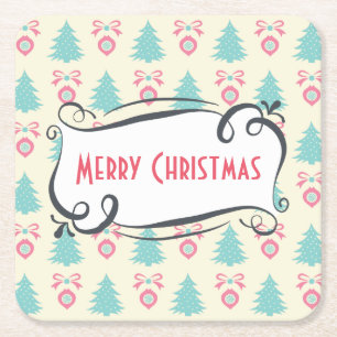 Merry Christmas Pattern with Trees Baubles & Bows Square Paper Coaster