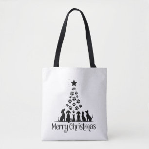 Merry Christmas Paw Tree Dog Lover Cat Lover Mom Tote Bag