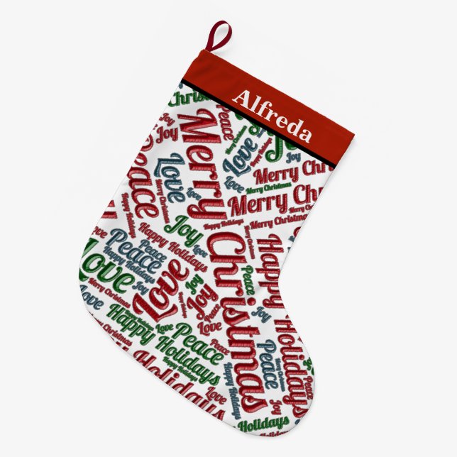 Merry Christmas Peace Love Joy Personalize Large Christmas Stocking (Front (Hanging))