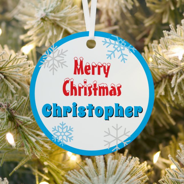 Merry Christmas Peace Snowflakes Name Metal Ornament (Insitu)