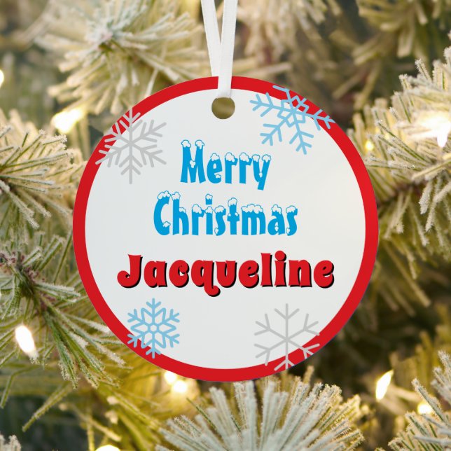 Merry Christmas Peace Snowflakes Red Name Metal Ornament (Insitu)