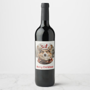 Merry Christmas Pembroke Welsh Corgi Dog Wine Label