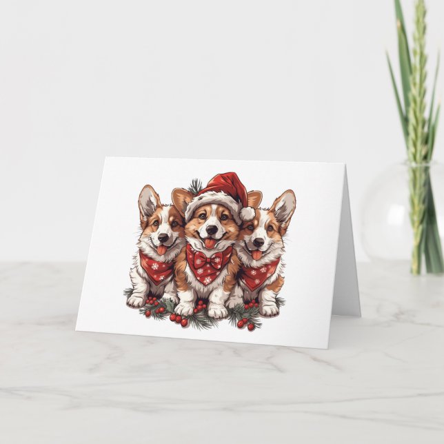 Merry Christmas Pembroke Welsh Corgi Puppies Holiday Card (Front)