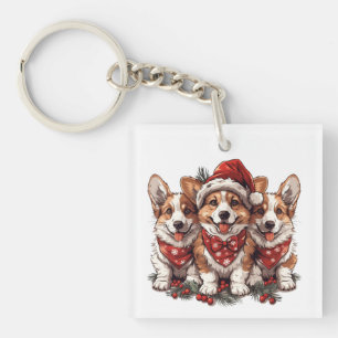 Merry Christmas Pembroke Welsh Corgi Puppies Keychain