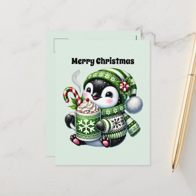 Merry Christmas penguin customizable Holiday Postcard (Front/Back In Situ)