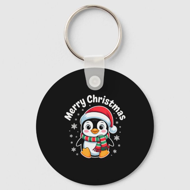 Merry Christmas Penguin Cute Santa Hat Winter Holi Keychain (Front)