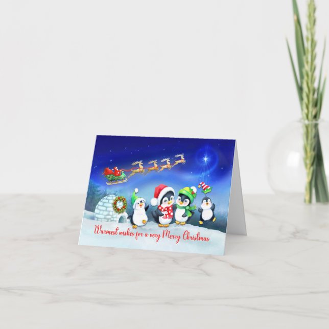 Merry Christmas Penguin Family with Santa's Sleigh Card (Front)