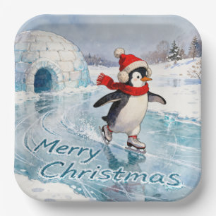 Merry Christmas Penguin Ice Skating Paper Plate