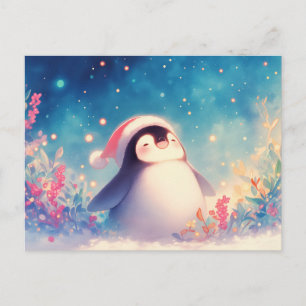Merry Christmas Penguin in Winter Flower Garden Postcard
