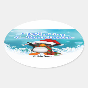 Merry Christmas Penguin Oval Stickers