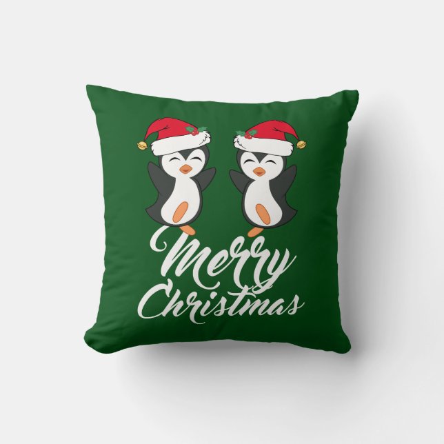 Merry Christmas Penguin Throw Pillow (Front)