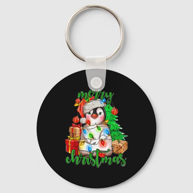 Merry Christmas Penguin Tree Lights Santa Hat Funn Keychain (Front)