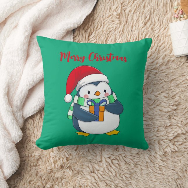 Merry Christmas Penguin with Gift Throw Pillow (Blanket)