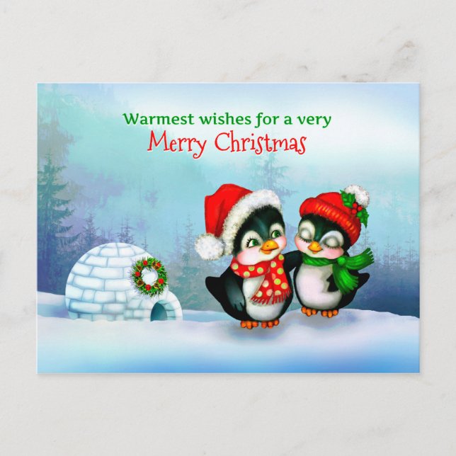 Merry Christmas Penguins and Igloo in Snow Holiday Postcard (Front)
