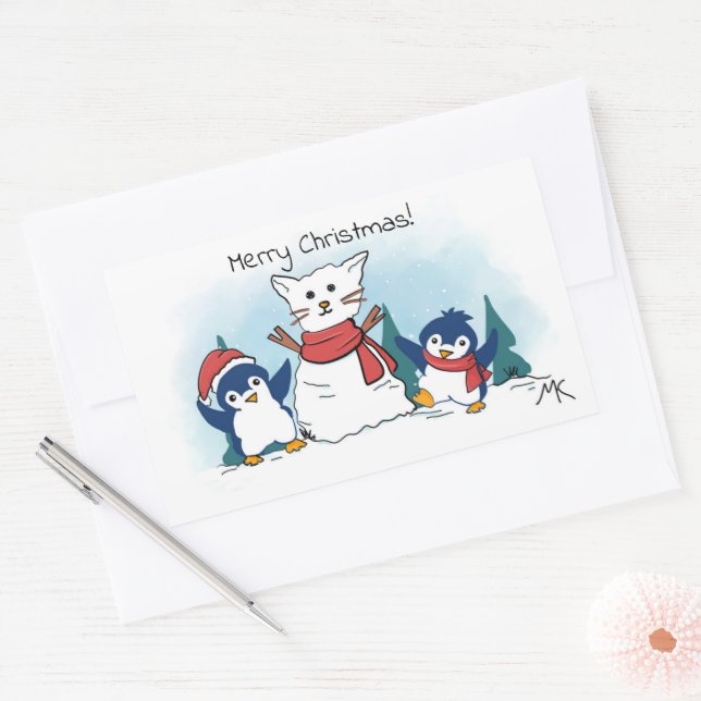 Merry Christmas Penguins building a Snow Cat Sticker (Envelope)