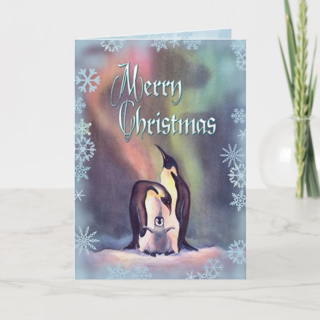 MERRY CHRISTMAS PENGUINS by SHARON SHARPE Holiday Card (Front)