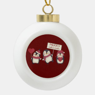 Merry Christmas Penguins Ceramic Ball Christmas Ornament