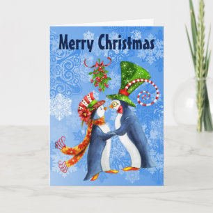 Merry Christmas Penguins in Love Under Mistletoe Holiday Card