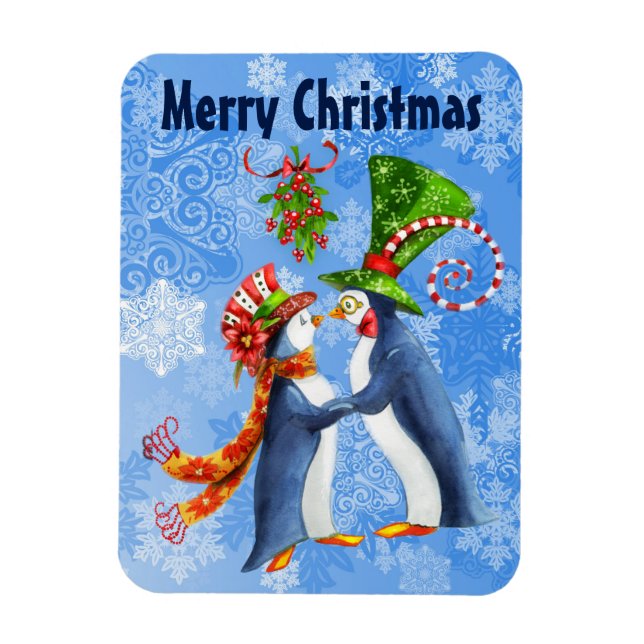 Merry Christmas Penguins in Love Under Mistletoe Magnet (Vertical)
