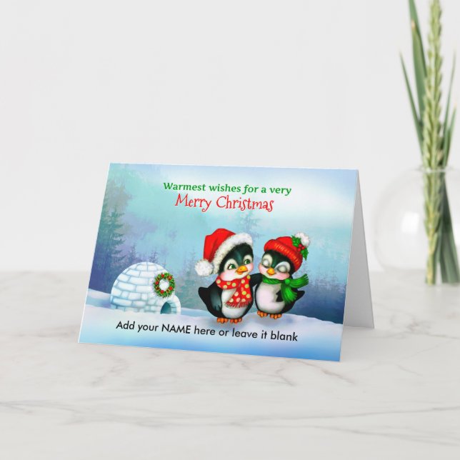 Merry Christmas Penguins with Igloo in Snow Holiday Card (Front)