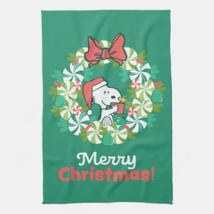 Merry Christmas Peppermint Holiday Wreath Kitchen Towel