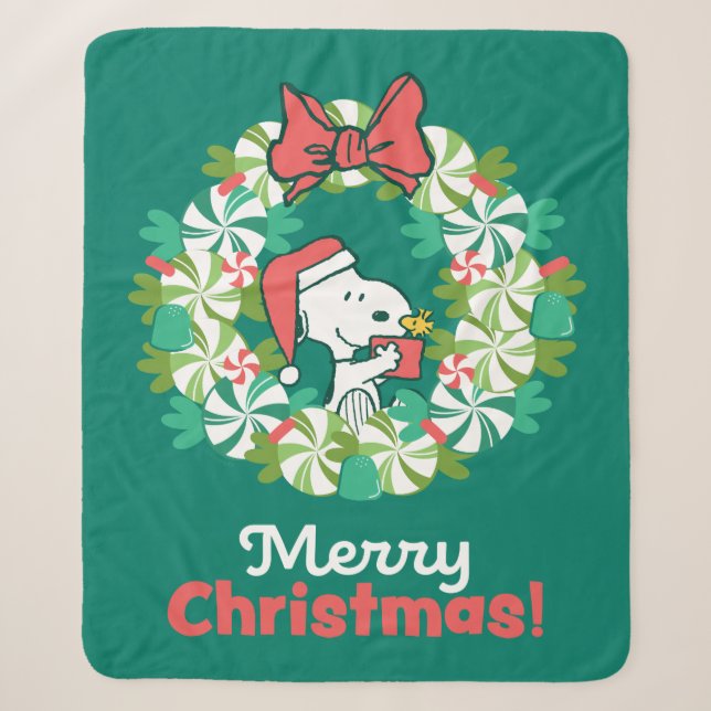 Merry Christmas Peppermint Holiday Wreath Sherpa Blanket (Front)