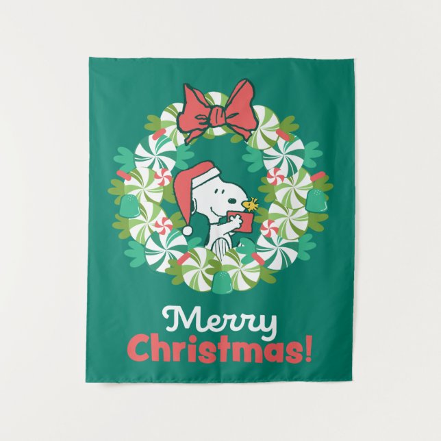Merry Christmas Peppermint Holiday Wreath Tapestry (Front)