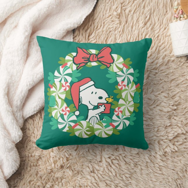 Merry Christmas Peppermint Holiday Wreath Throw Pillow (Blanket)