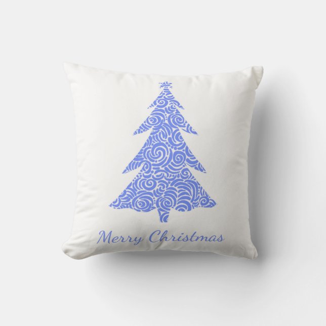 Merry Christmas, periwinkle blue swirl tree Throw Pillow (Front)
