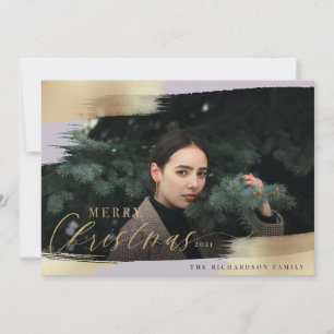 Merry Christmas Periwinkle & Gold Foil Brush Photo Holiday Card