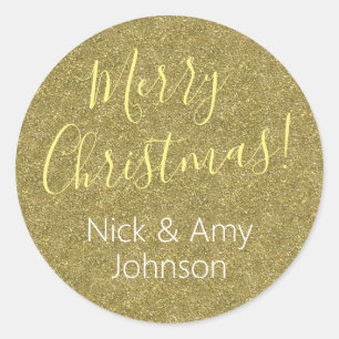"Merry Christmas" Personalize Names/Gold Glitter Classic Round Sticker