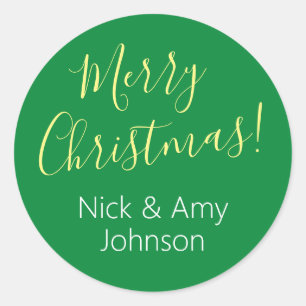"Merry Christmas" Personalize Names/Green Classic Round Sticker