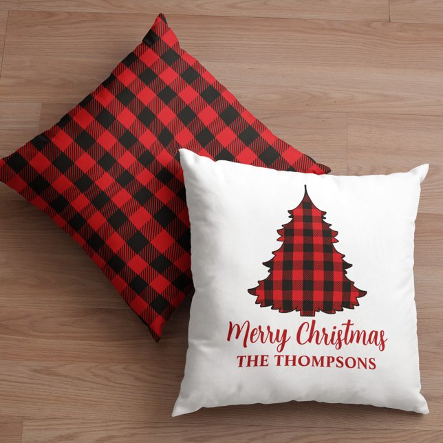 Merry Christmas Personalized Buffalo Check Throw Pillow (Personalized Merry Christmas buffalo check throw pillow with cozy farmhouse style.)