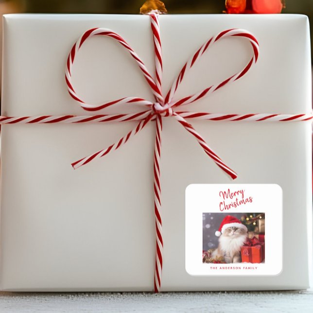 Merry Christmas Personalized Cat Photo Holiday Square Sticker (Creator Uploaded)