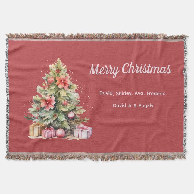 Merry Christmas Personalized Christmas Tree Throw Blanket (Front)