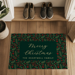 Merry Christmas Personalized Dark Botanical Doormat