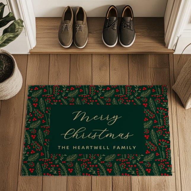 Merry Christmas Personalized Dark Botanical Doormat (Creator Uploaded)