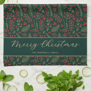 Merry Christmas Personalized Dark Botanical Kitchen Towel