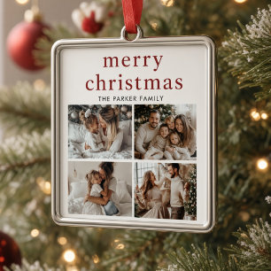 Merry Christmas Personalized Family 4 Photo Ceramic Ornament