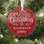 Merry Christmas Personalized Family Name Red Glass Ornament<br><div class="desc">Celebrate the season with this festive family ornament featuring Merry Christmas in white script, personalized with your family name on a bold red background. Styled with a rustic faux wood-slice edge, it brings cozy warmth and cheerful color to farmhouse, modern, or classic Christmas tree décor. A thoughtful gift or keepsake...</div>