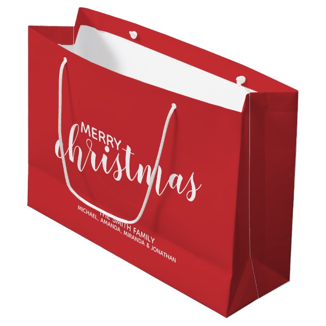 'Merry Christmas' Personalized Family Name Red Large Gift Bag (Front Angled)