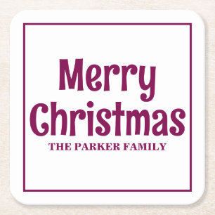 MERRY CHRISTMAS PERSONALIZED FAMILY NAME SIMPLE SQUARE PAPER COASTER