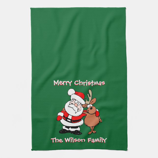 Merry Christmas Personalized Green Tea Kitchen Towel (Vertical)