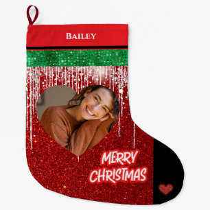 Merry Christmas Personalized Heart Photo and Name  Large Christmas Stocking