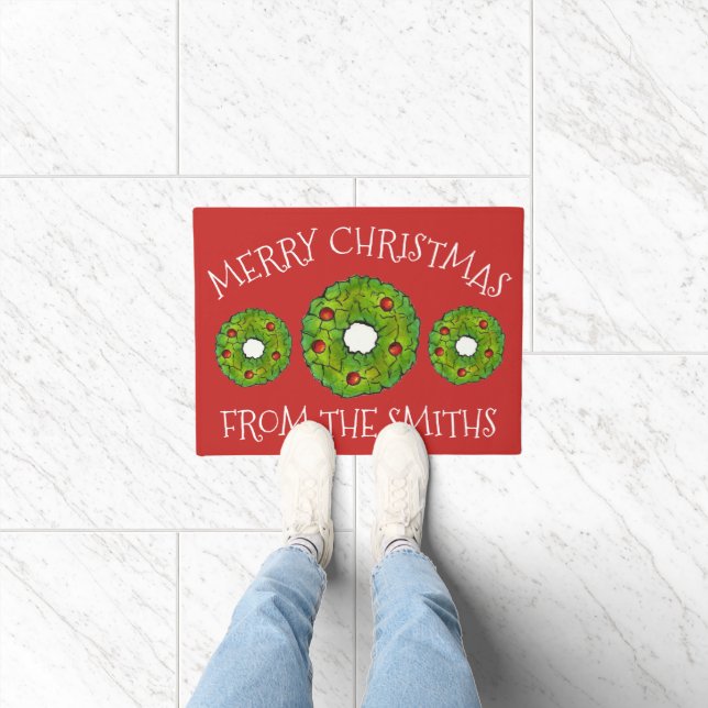 Merry Christmas Personalized Holly Wreath Holiday Doormat (Indoor)