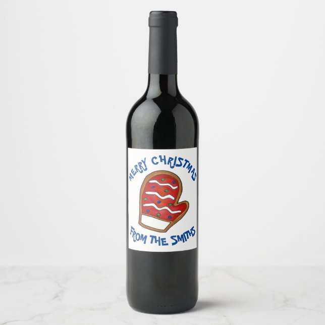 Merry Christmas Personalized Mitten Holiday Cookie Wine Label (Front)