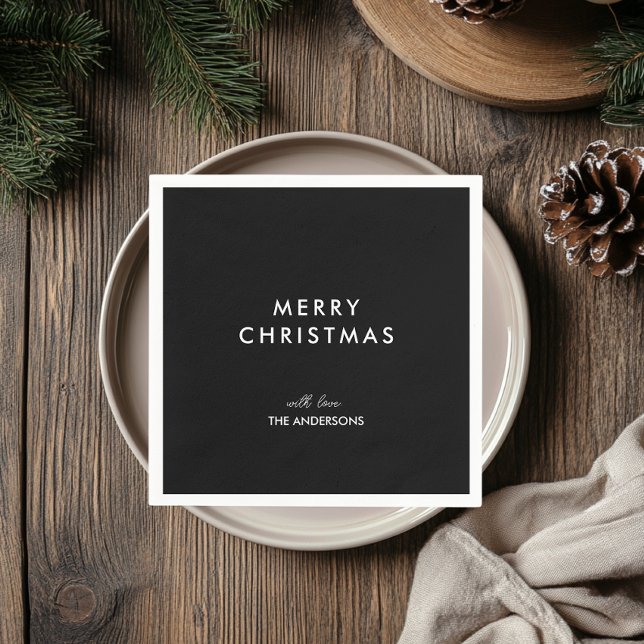 Merry Christmas Personalized Name Black Napkin (Creator Uploaded)