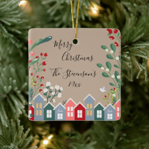 Merry Christmas Personalized Name Brown Floral Ceramic Ornament